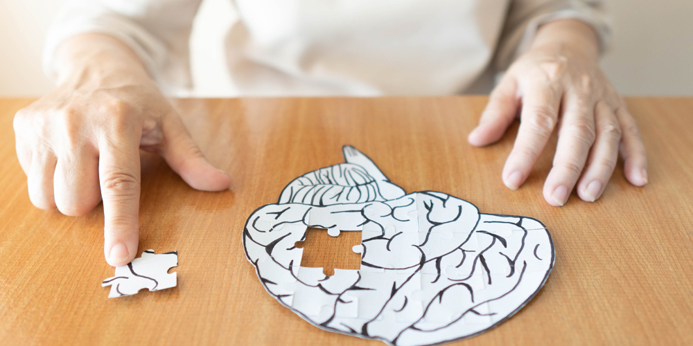 Person doing a puzzle shaped like a brain